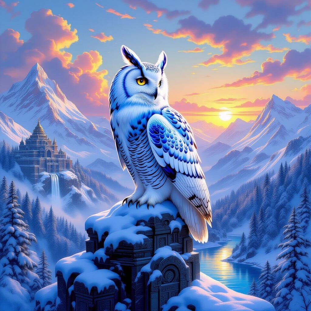 Snow Owl Surveys Mountainous Landscape in Fantasy Art Deco S...