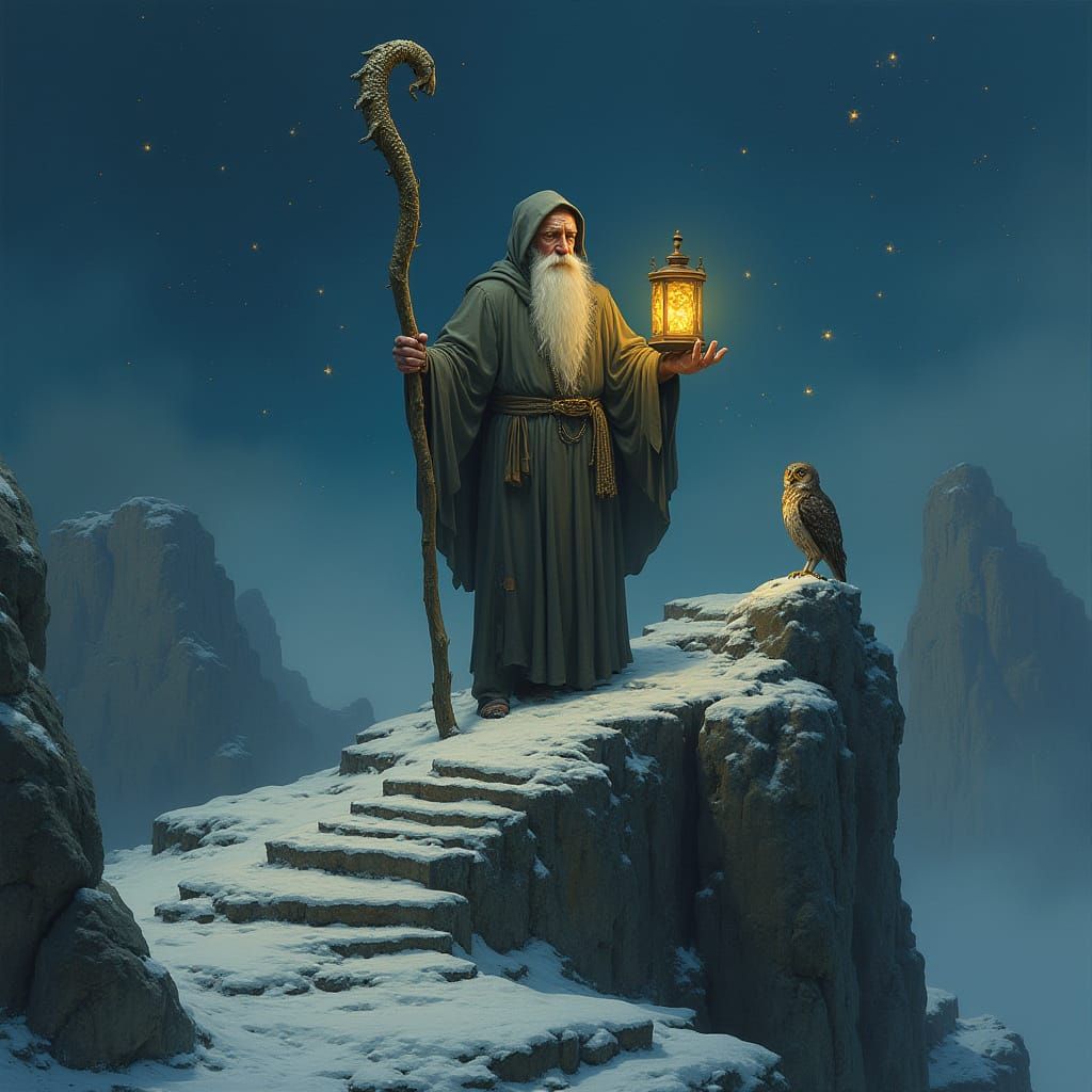 Wisdom Keeper: A Cloaked Sage Illuminates the Misty Mountain...