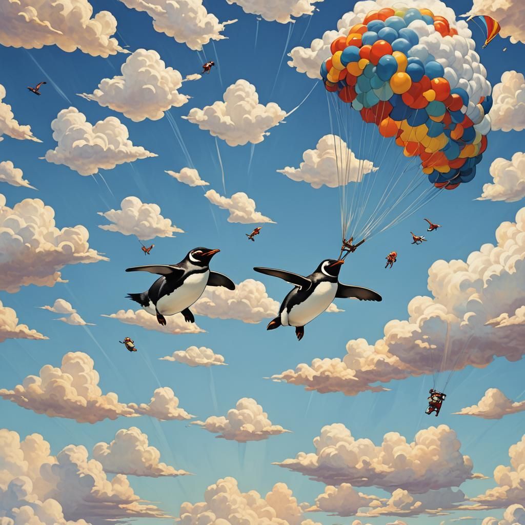 Penguin Skydiving Concept Art Inspired by Parrish
