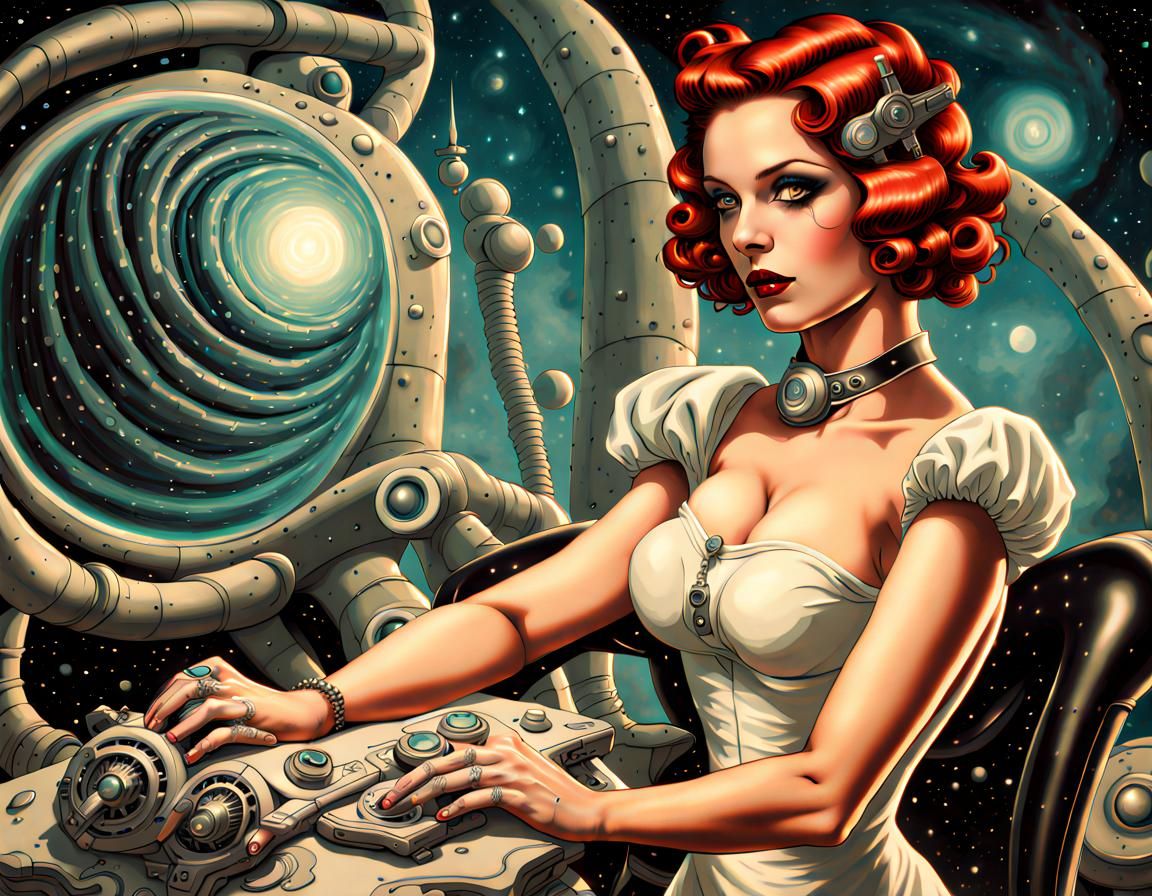 Edwardian Goth Woman Fixing Retro Tech on Alien Planet