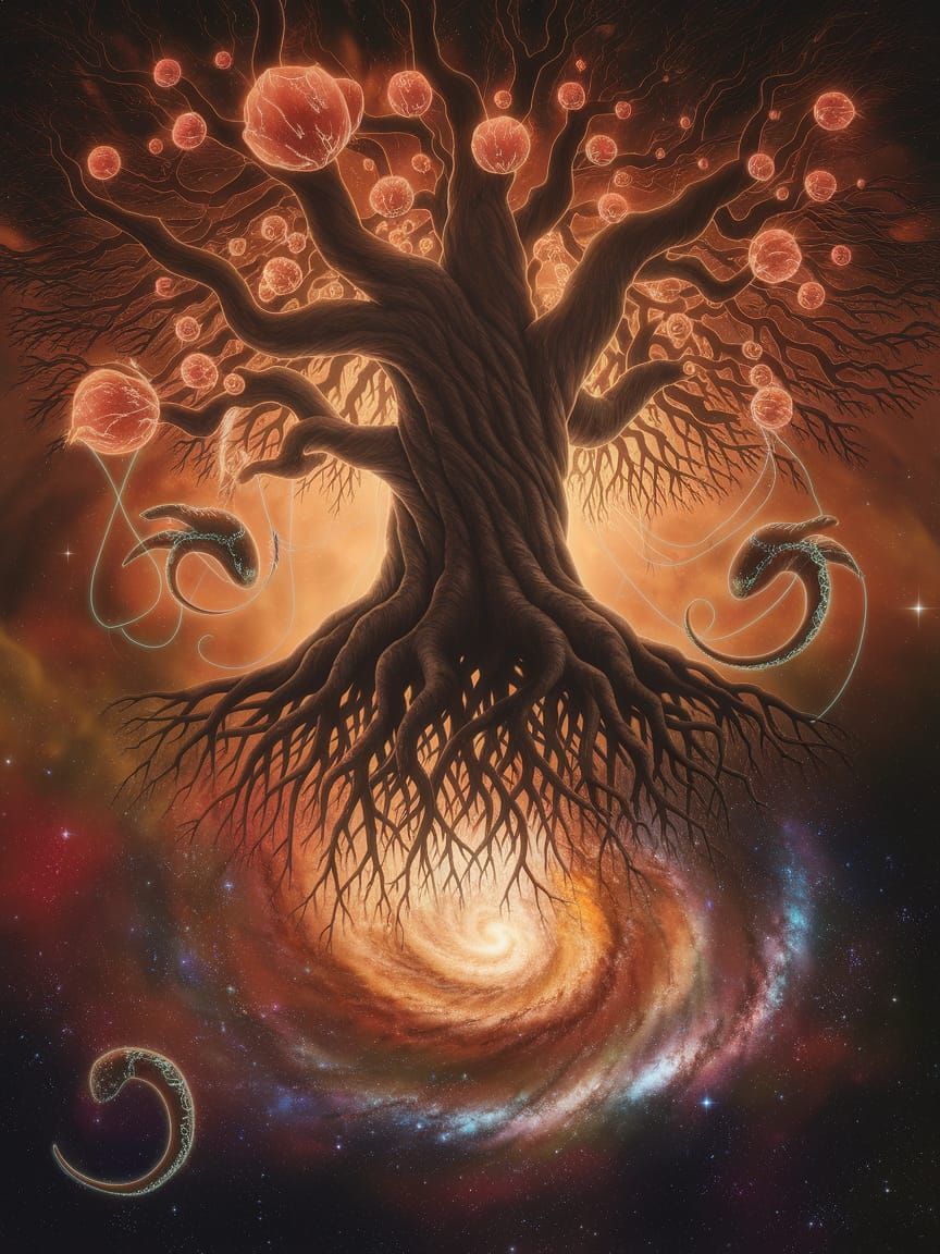Cosmic Tree with Crystal Fruits and Nebula Roots