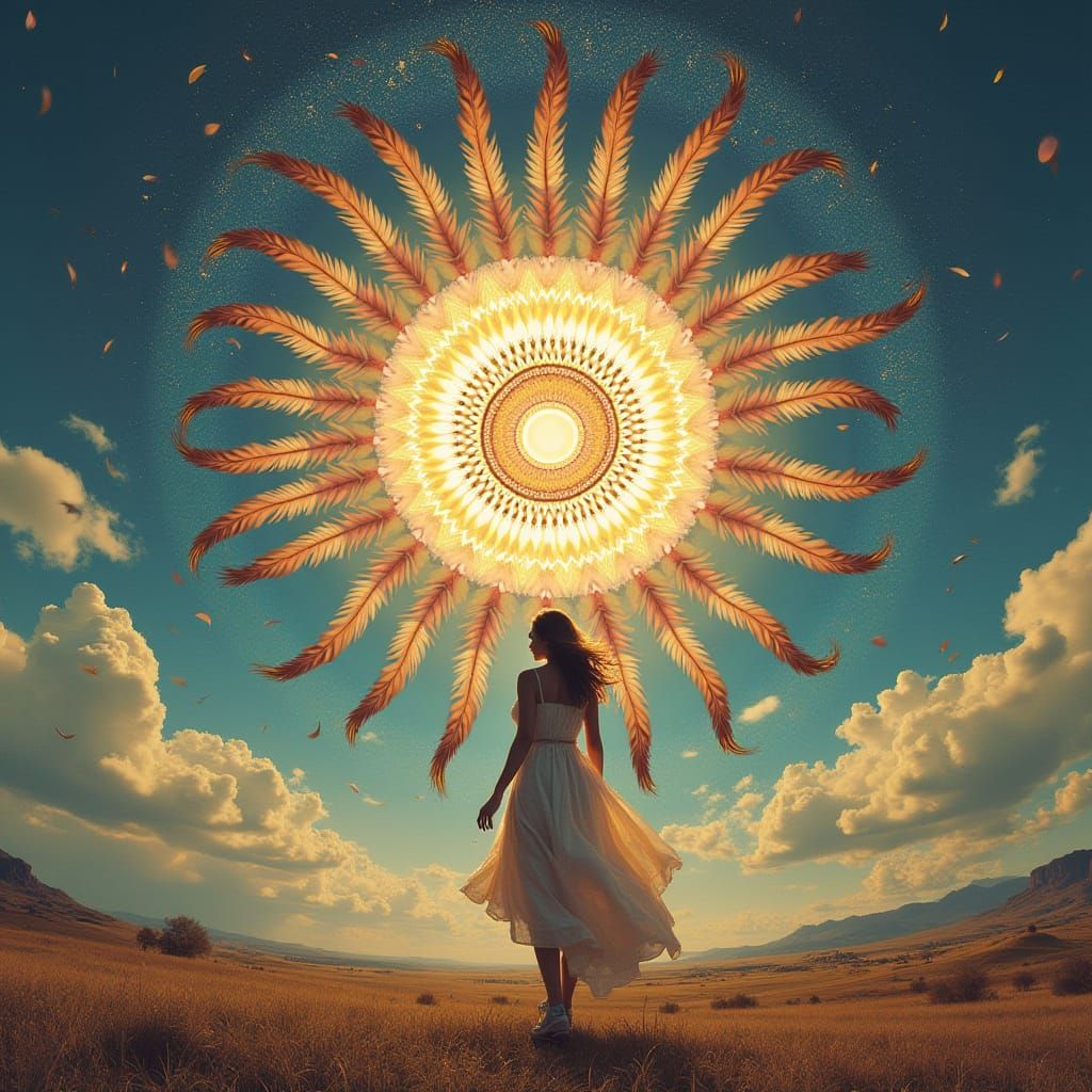 Woman Enters Infinity with Eagle Feather Mandala