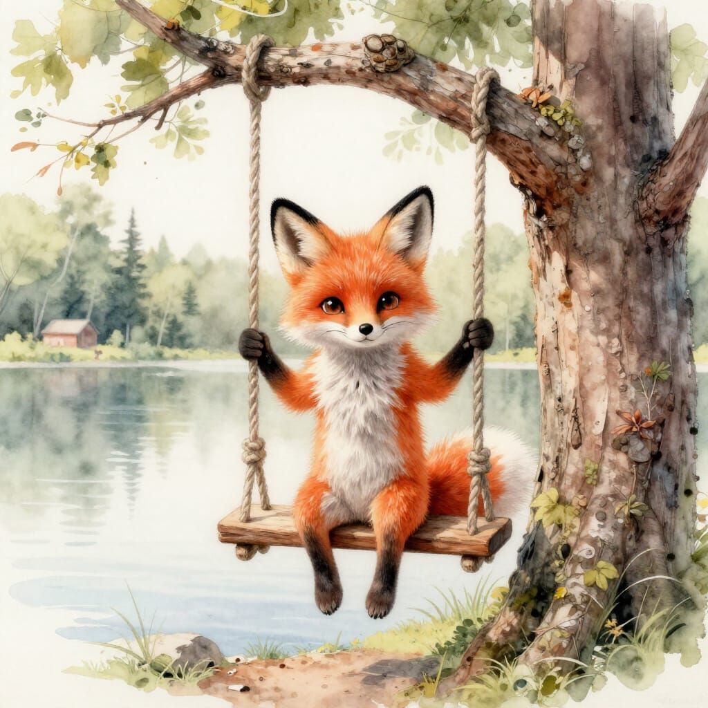 Tiny Fox Creature on Treehouse Swing in Watercolour Charcoal...