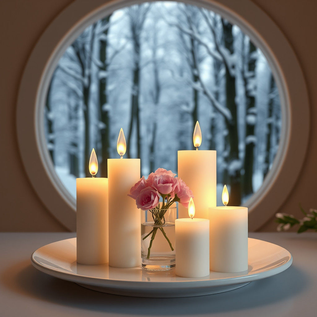Elegant White Candles and Winter Forest