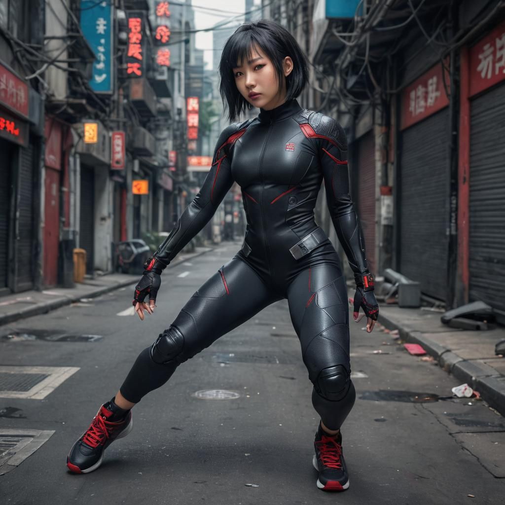 Asian Gymnast in Cyberpunk City in Hyperrealism Style