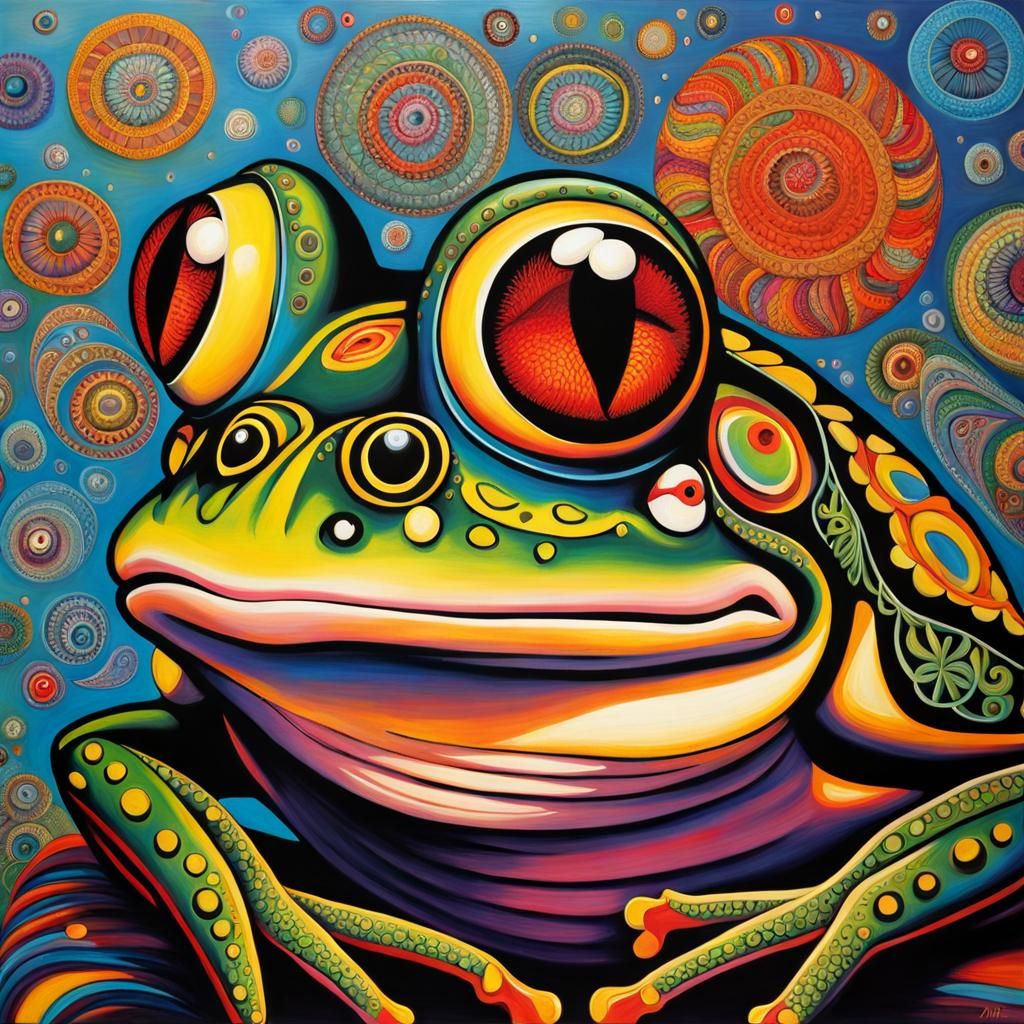 Surreal Frog Portrait in Colorful Zentangle Style