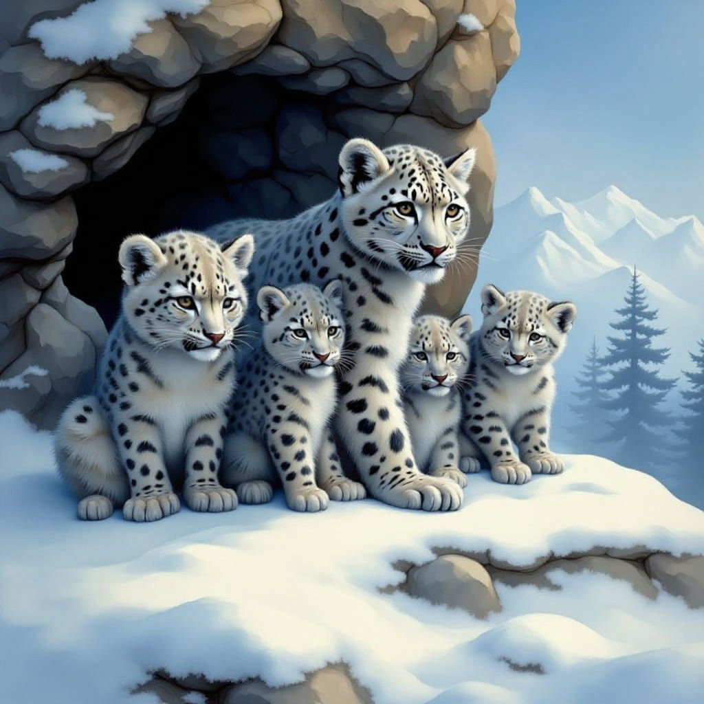Snow Leopard Family by Mountain Cave in Grungy Style