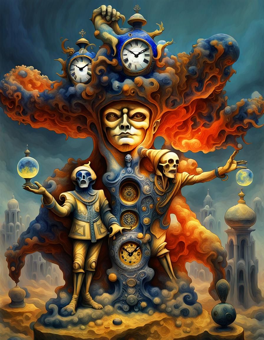 Two yellow jesters with lapiz lazuli cristal clock heads, Me...