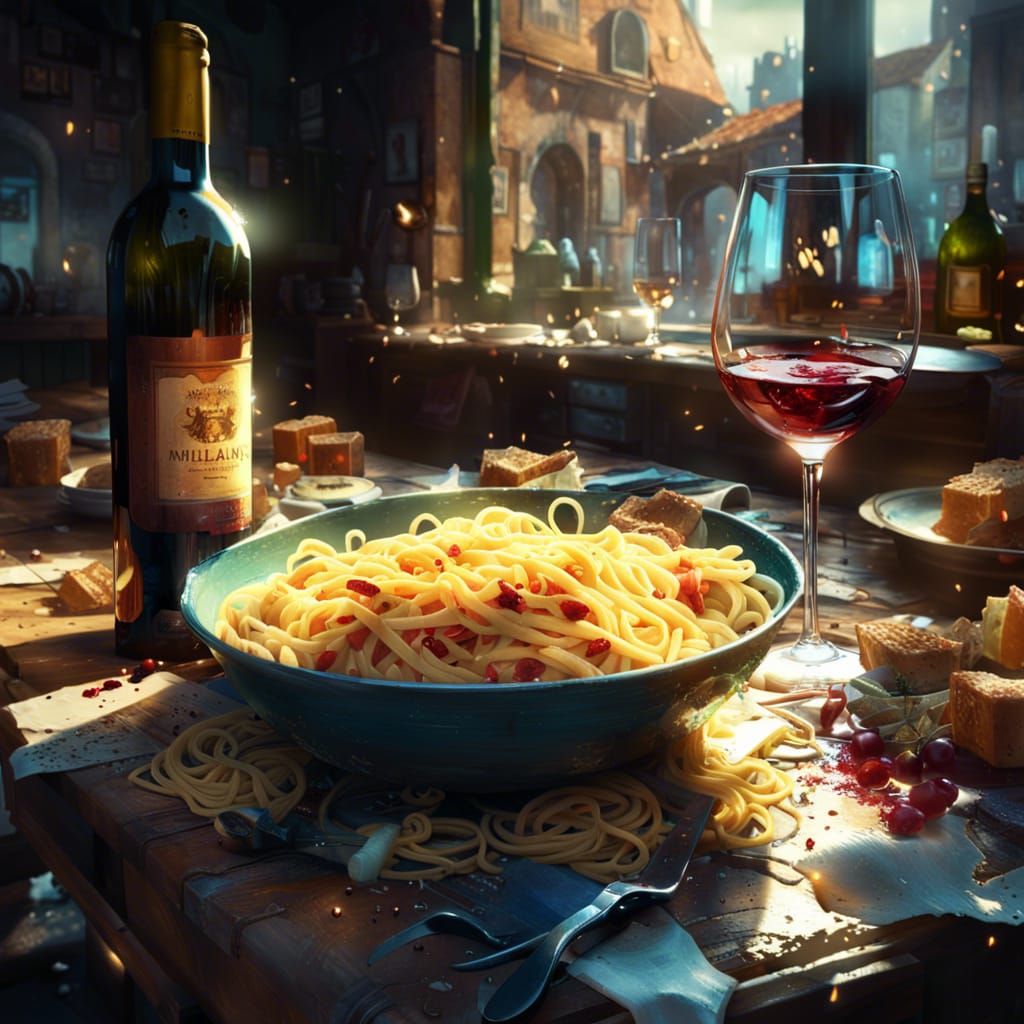 Delicious Pasta with Wine, Photorealistic Cell-Shaded Art