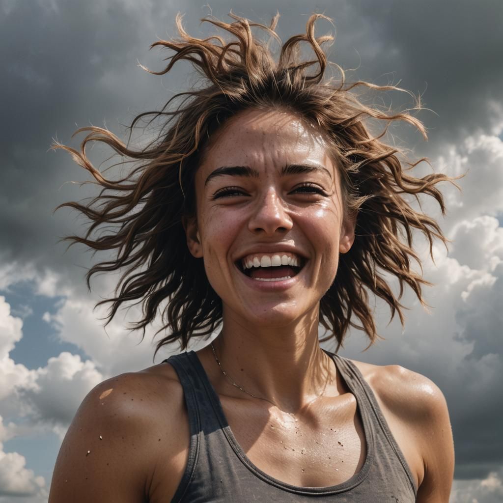 Joyful Woman Looking Down from Above