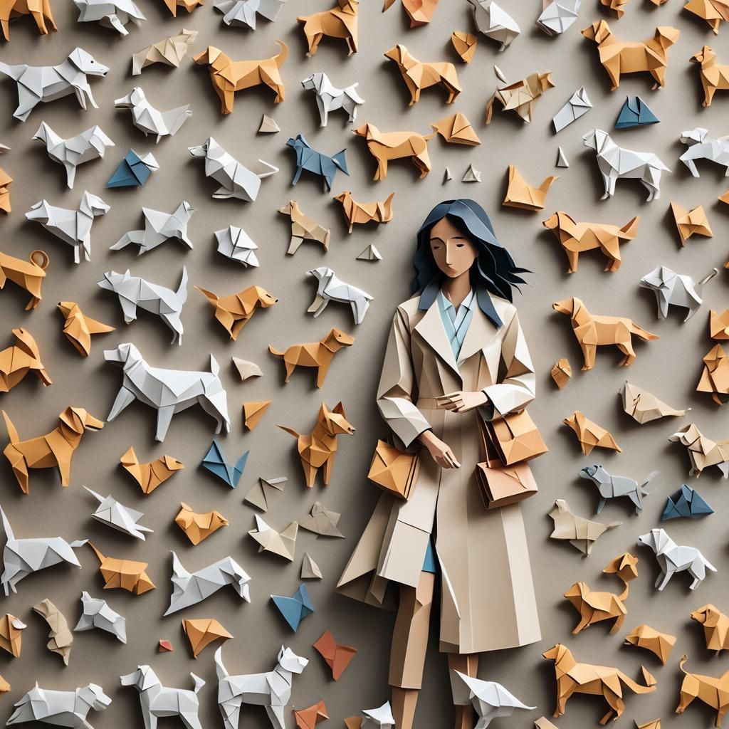Origami Papercraft of a Woman and Dog