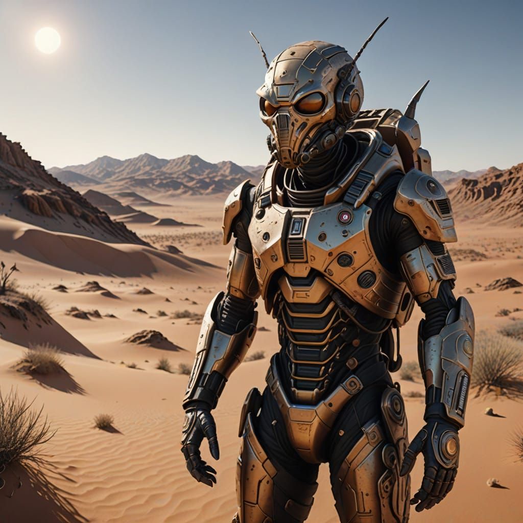 Martian Explorer in Hyperrealistic Desert Gear Amid Rocky Hi...