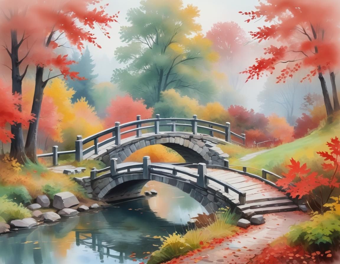 Misty Autumn Landscape with Bridge in Gouache Style