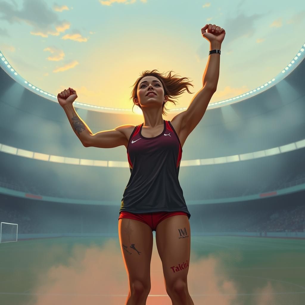 Resilient Woman Triumphs in Dreamlike Stadium Art