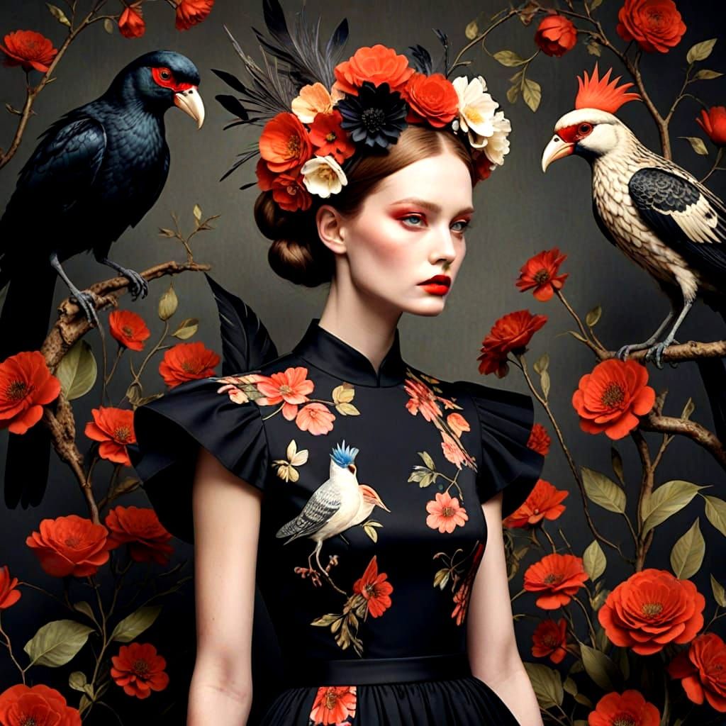 Surreal Portrait with Birds and Flowers