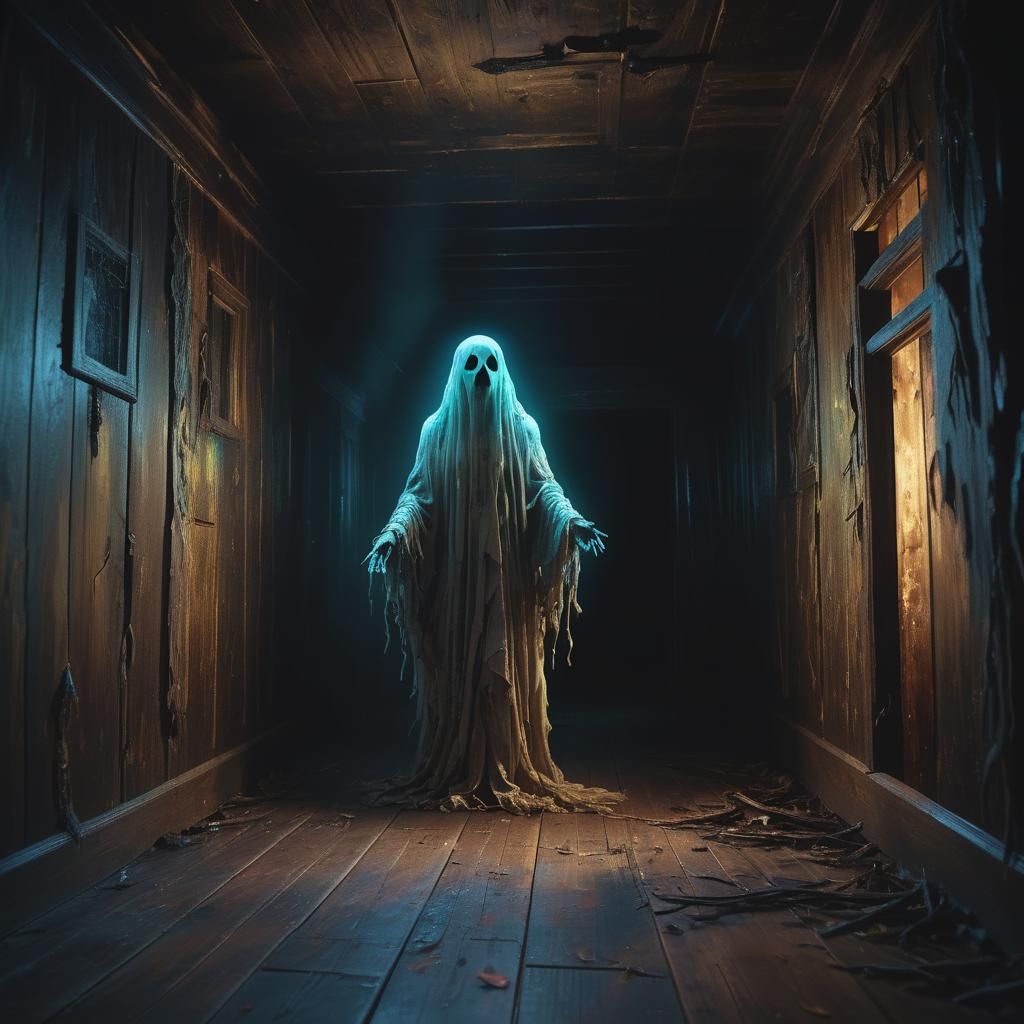 Ethereal Ghost Gliding Through Haunted House