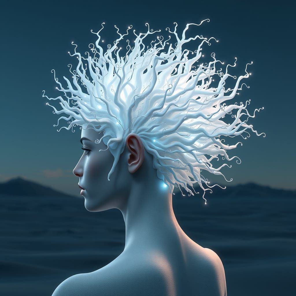 Abstract Coral Hair: Hyperrealistic Cosmic Portrait