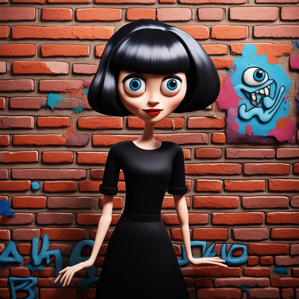 Half-length portrait of a 3D character, of a tango woman, with googly eyes, long exaggerated eyelashes, brunette with pe...