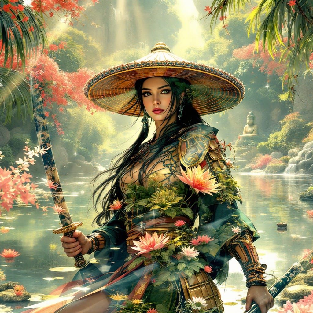 Samurai with Sombrero in Japanese Garden, Art Nouveau Style