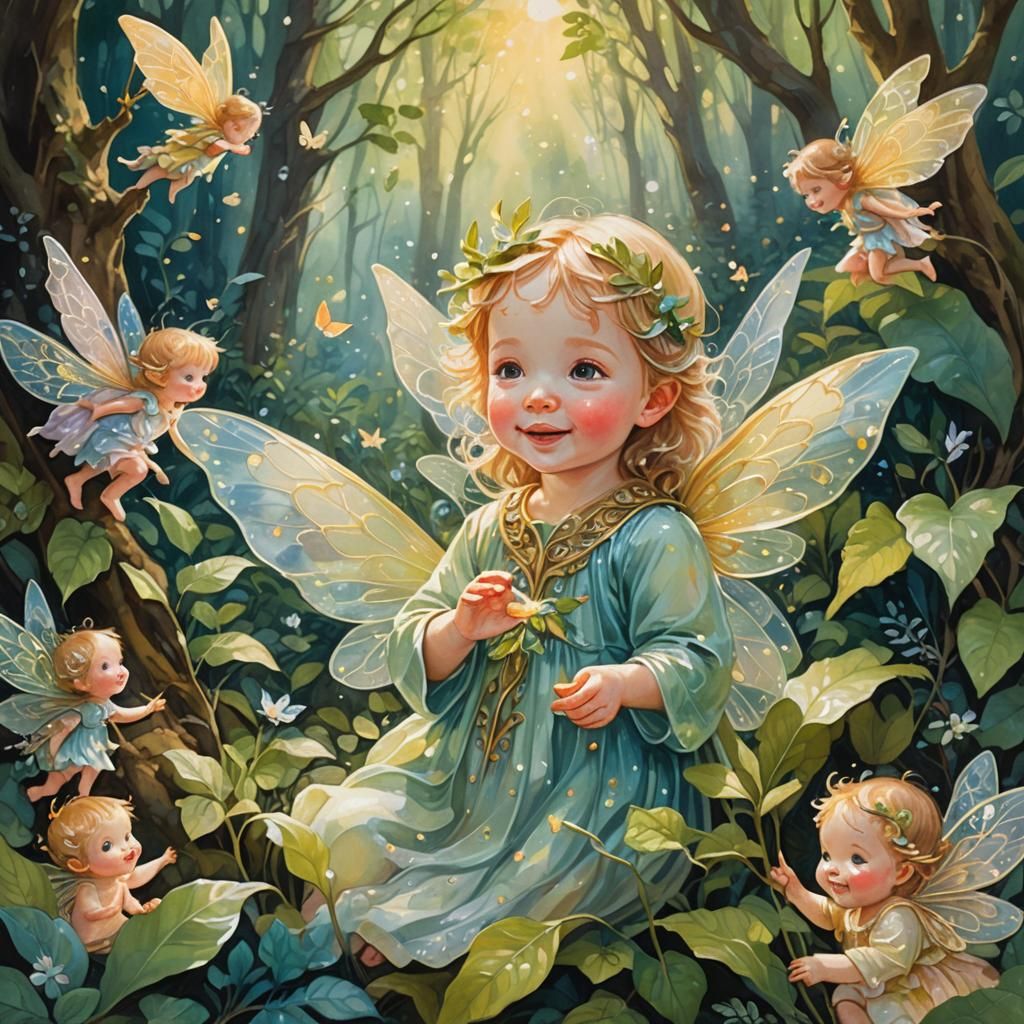 Fairies Guarding Baby as Gouache Impasto Painting
