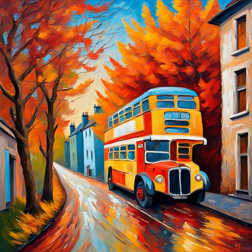 Autumn Double Decker Bus: Neo-Impressionist Oil Painting
