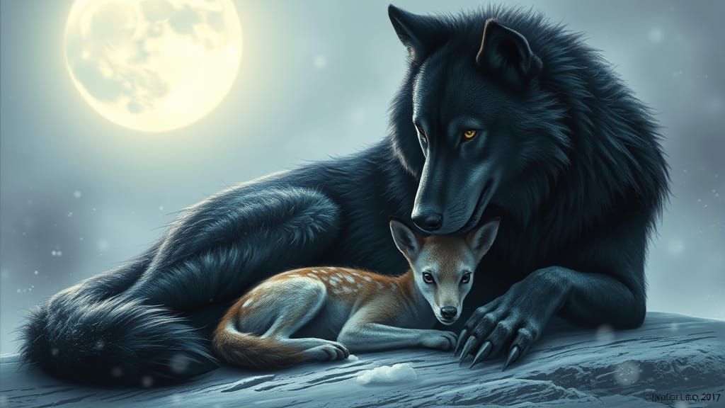 Protective Werewolf with Fawn in Dark Fantasy Art