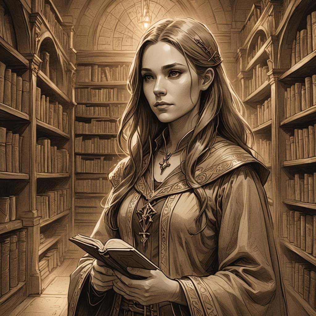 Sepia Sketch Portrait of a Wizard in Library