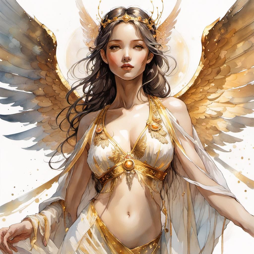 Gorgeous Angel in Golden Robes: Ink and Watercolor Sketch