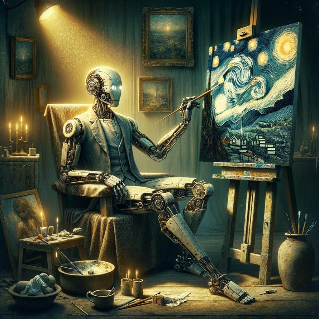 Cybernetic Painter in Post-Impressionistic Studio