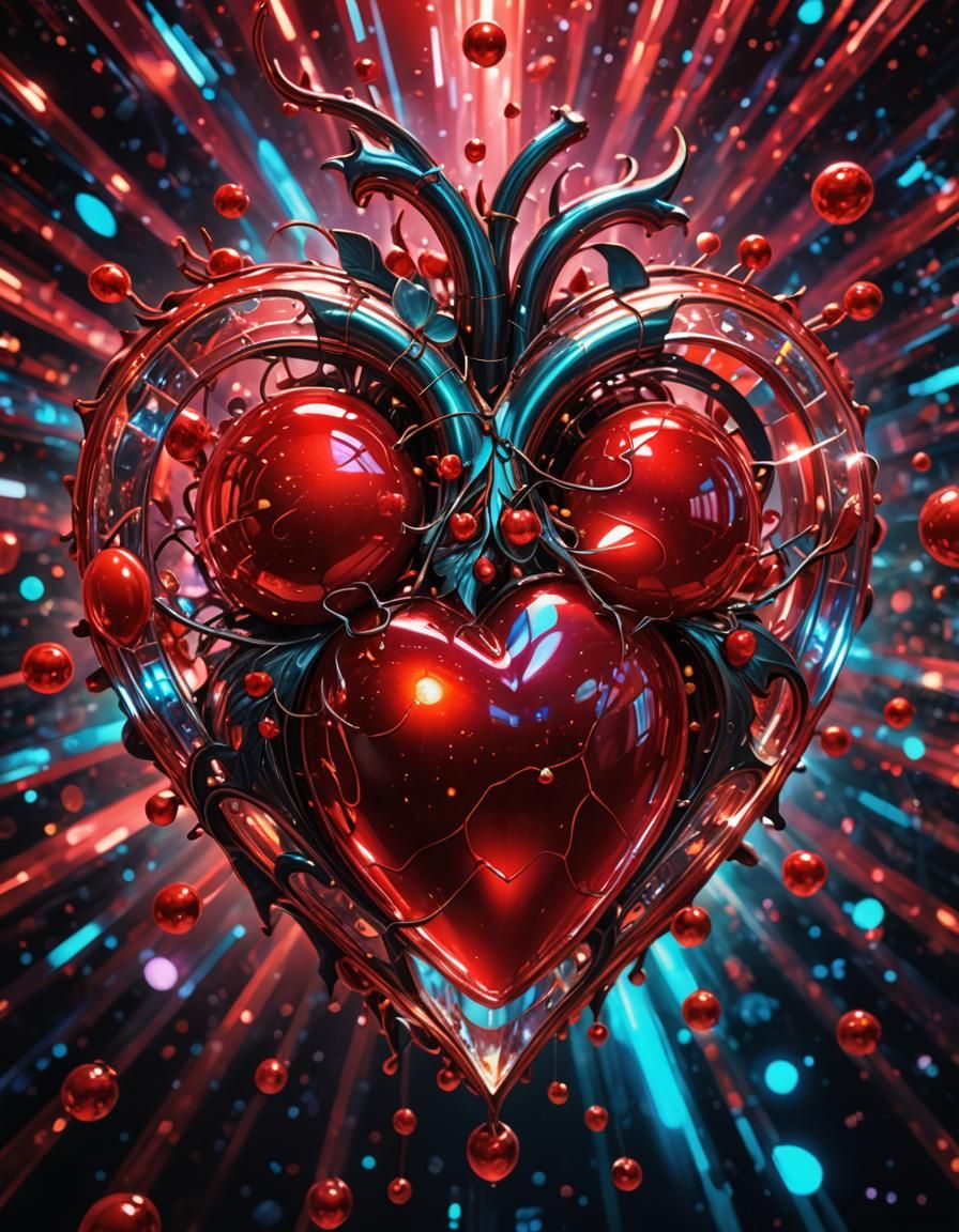 Red Cherry Heart: Holographic Astral Illustration