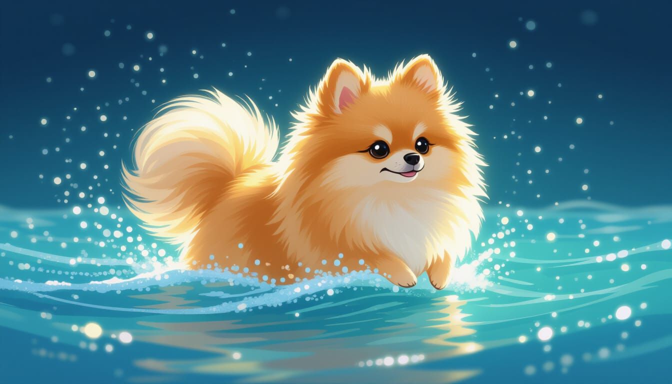Ethereal Pomeranian Glides on Shimmering Ocean