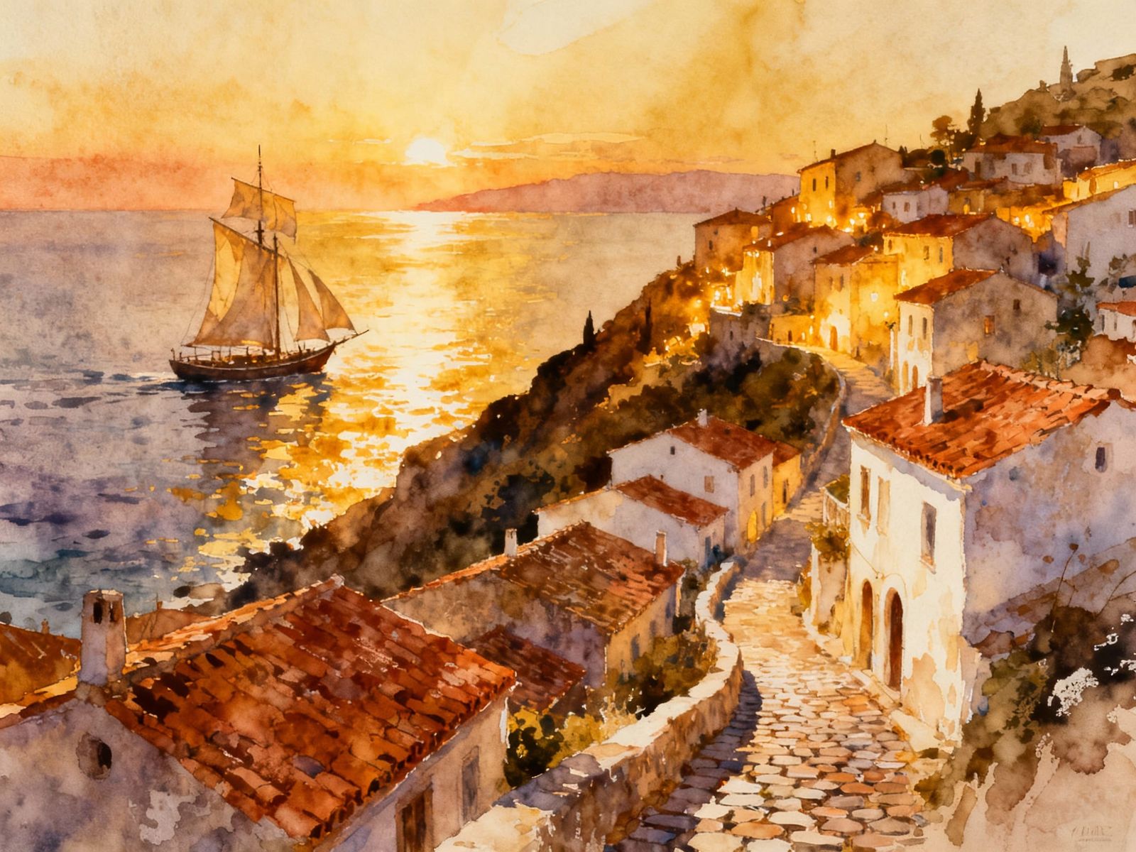 Mediterranean Village at Sunset with Sailing Boat