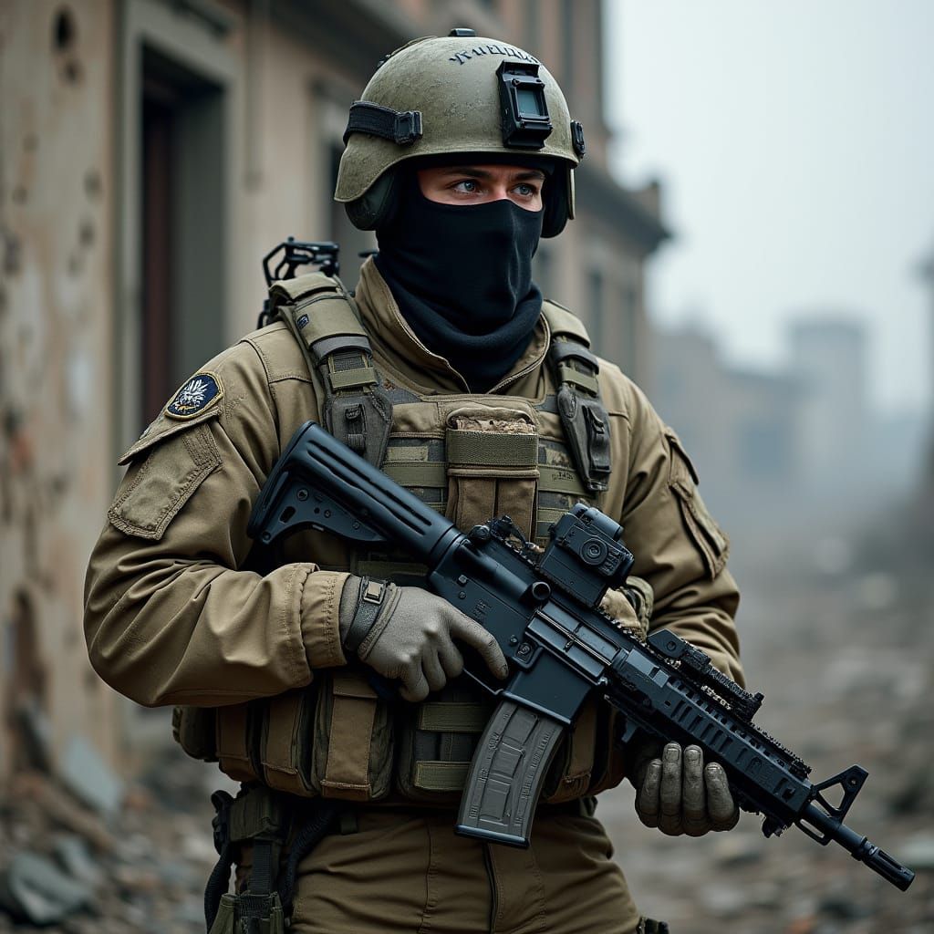 Gritty Modern Warfare Scene in Camouflage Fatigues