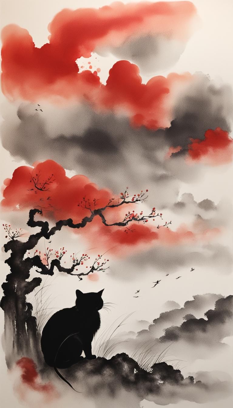 Minimalist Chinese Ink Painting of a Cat in Storm