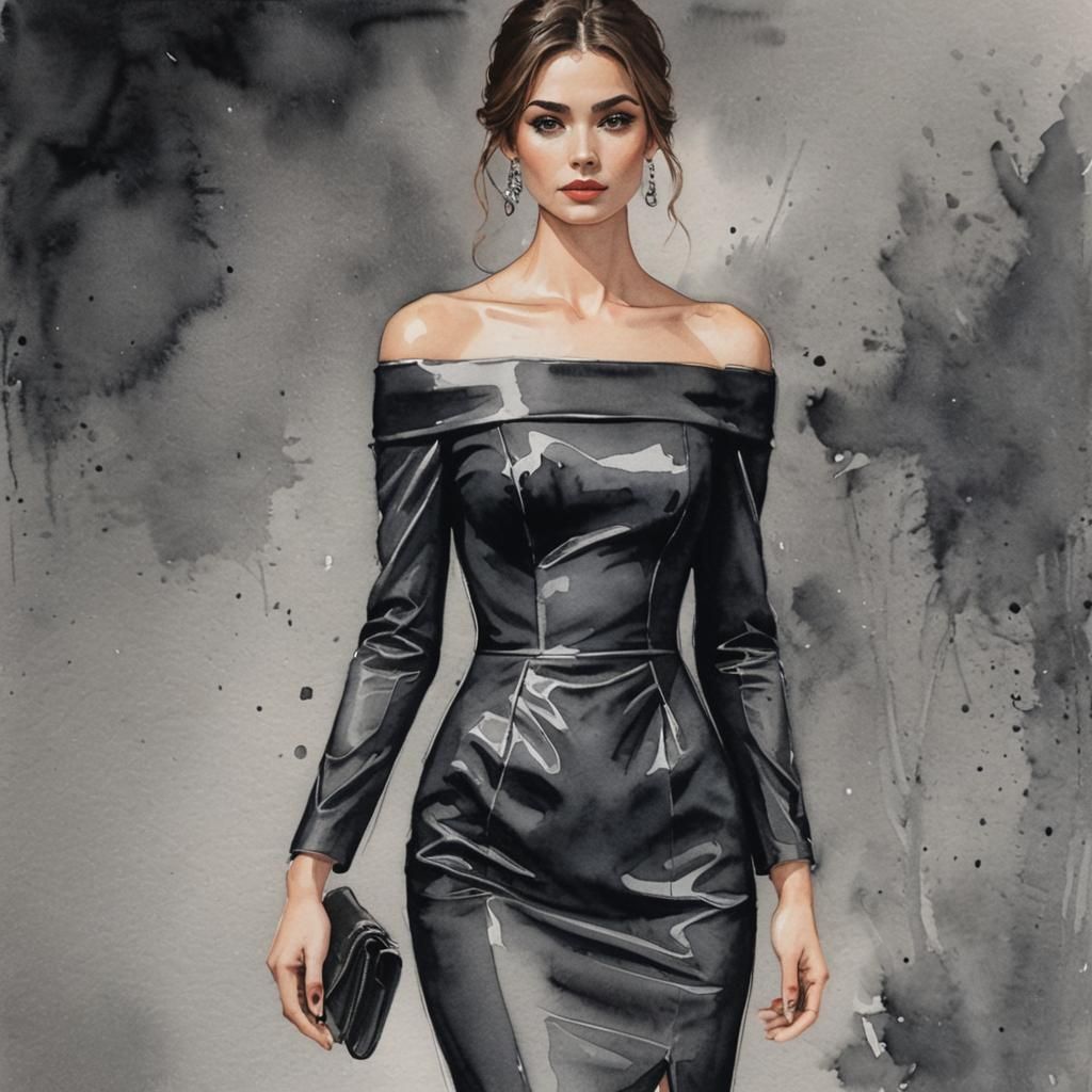 Elegant Black Dress: Watercolour Charcoal Drawing
