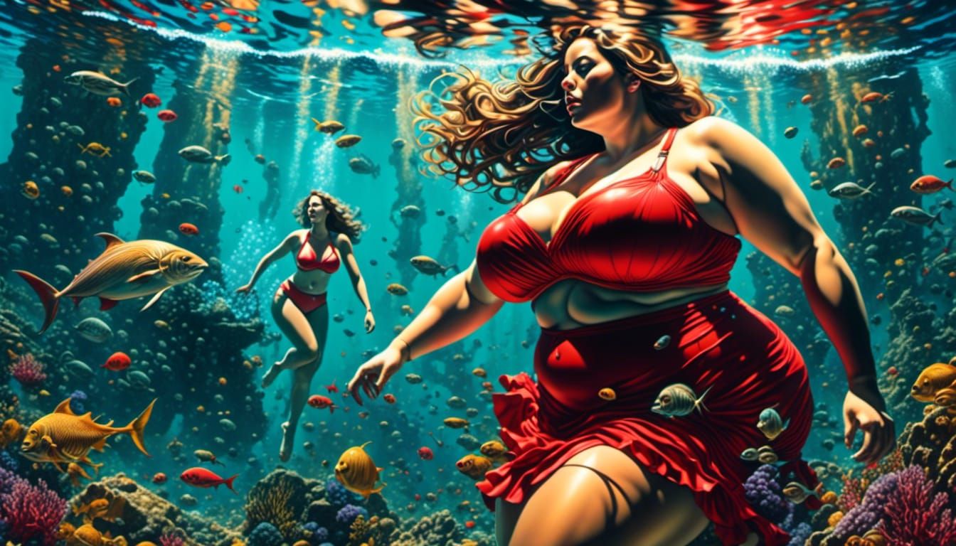 Underwater world with beautiful women living under the sea.