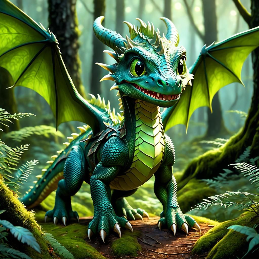 Adorable Mossy Dragon in Magical Forest