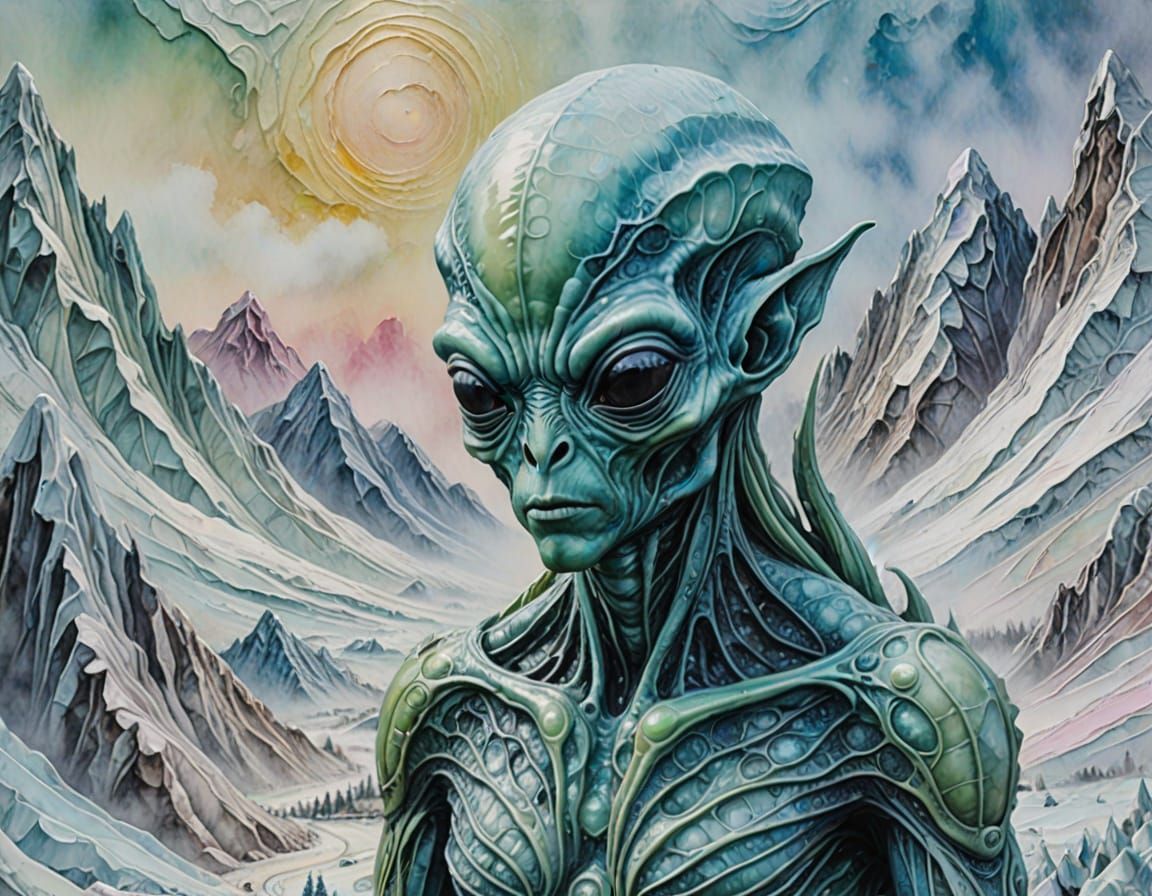 Surreal Dadaist Alien in Icy Landscape