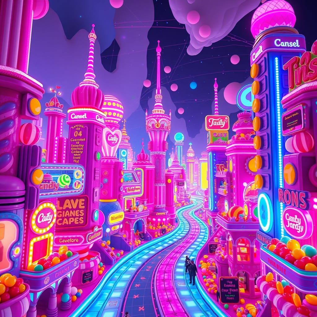 Vibrant Candy City with Neon Lights