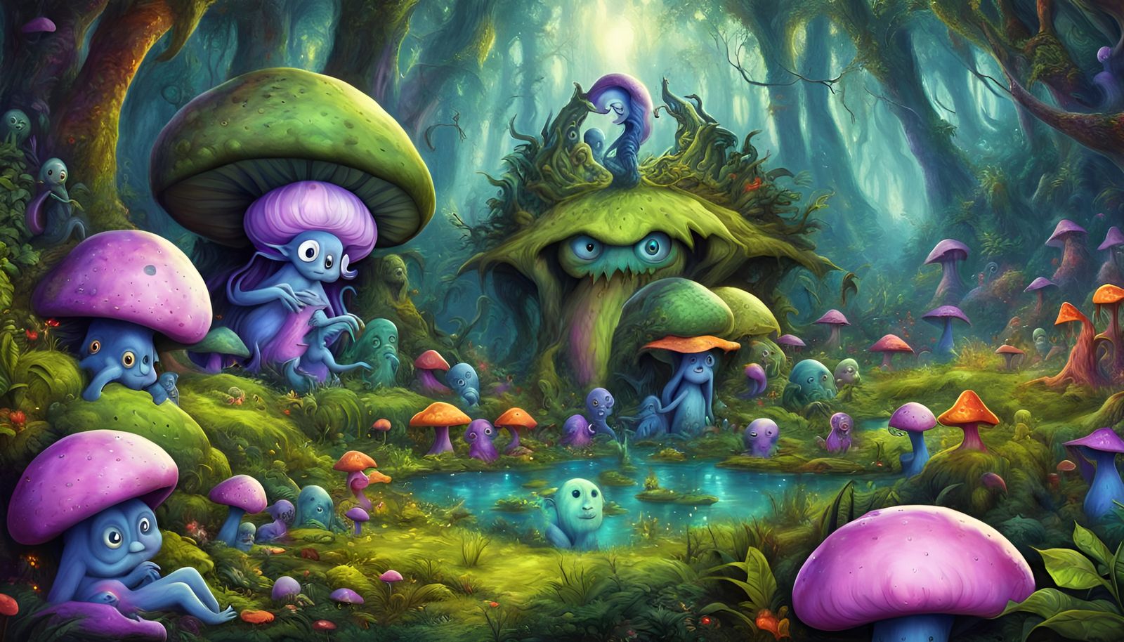 Adorable Mushroom Gods in Fantasy Jungle, Froud Style