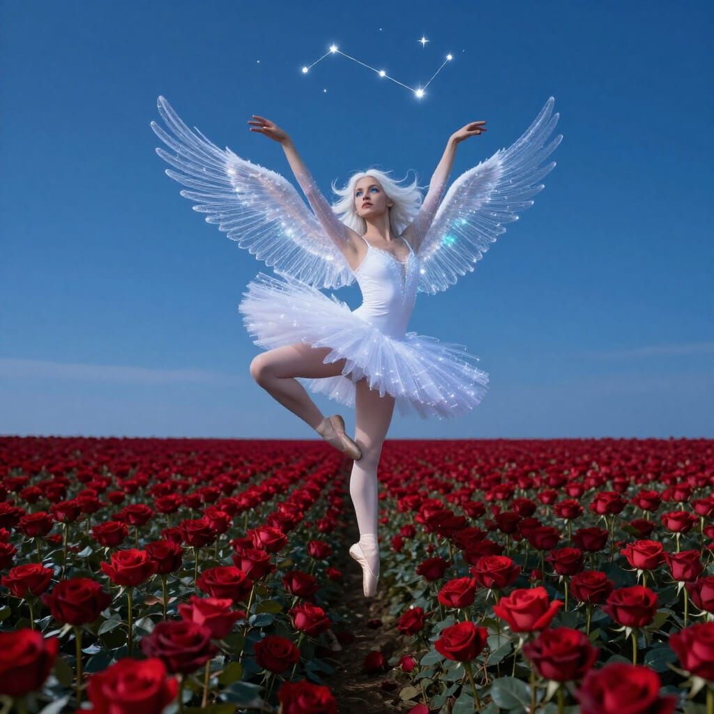 Ballerina Angel Floating Over Red Roses in Space