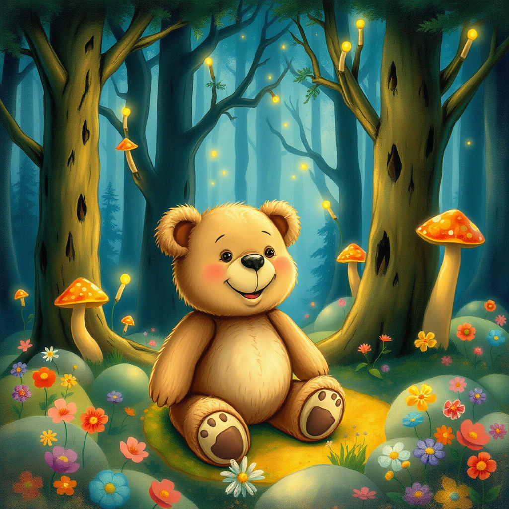Happy Teddy Bear in Whimsical Fantasy Forest