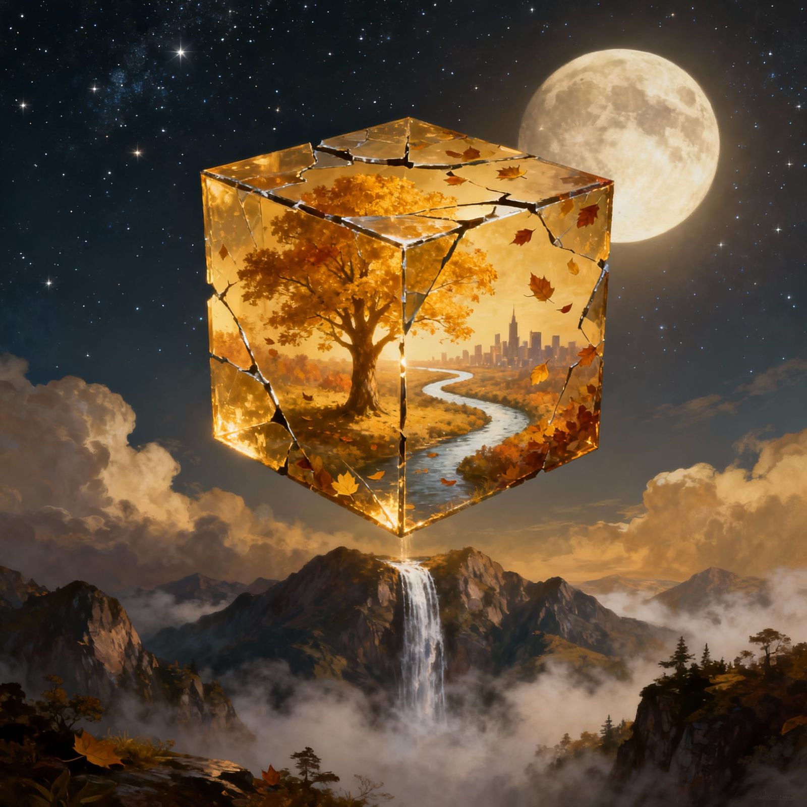 Fractured Cube with Autumn Scene in Starry Sky