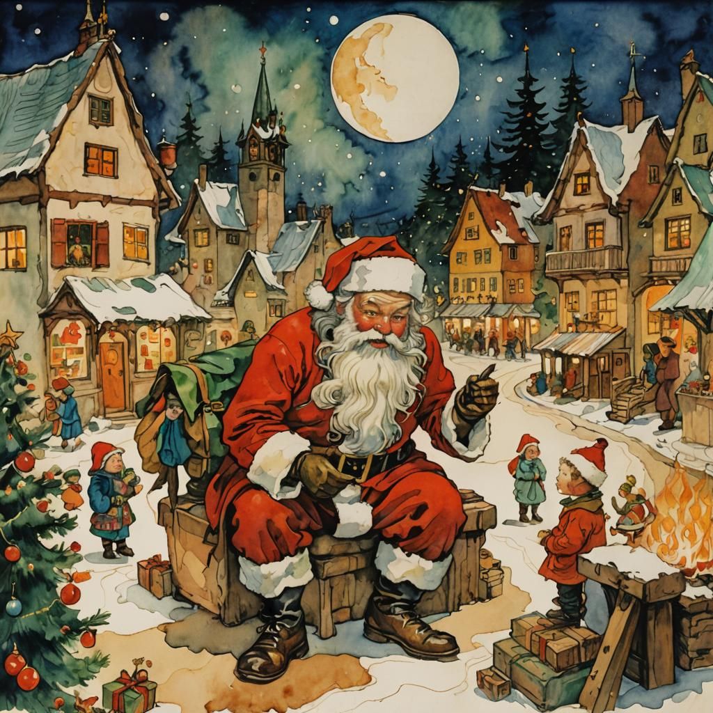 Vintage Santa Claus Surrounded by Enchanted Christmas Magic
