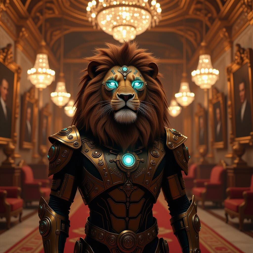 Biomechanical Lion in Lavish Hall with Art Nouveau Curves