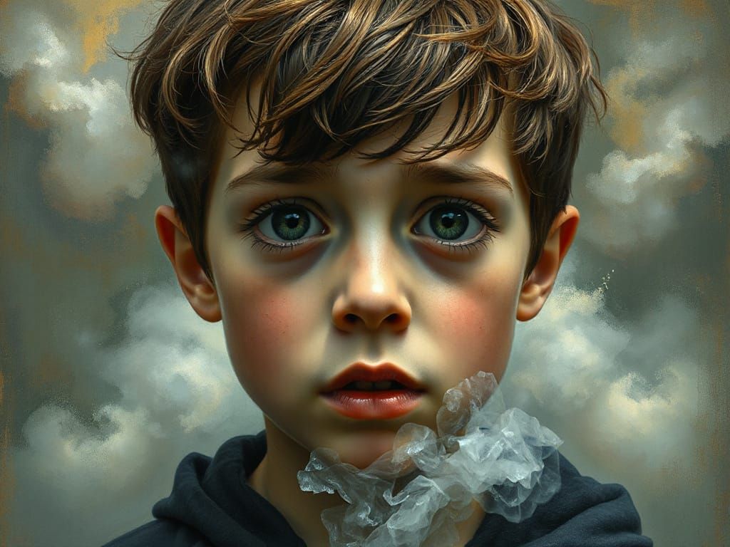 Expressionist Bauhaus Boy's Sad Face in Ethereal Mist