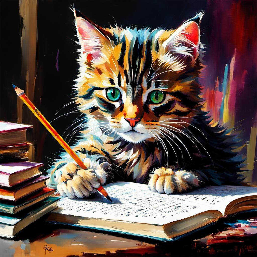 Cute Cat Writes a Book as Oil Painting