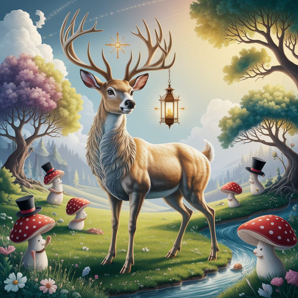 Golden Deer in Enchanted Meadow Landscape