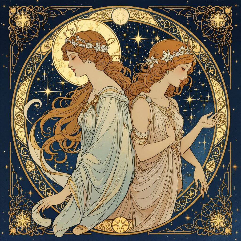 Celestial Goddesses Amidst Constellations with Gold Accents