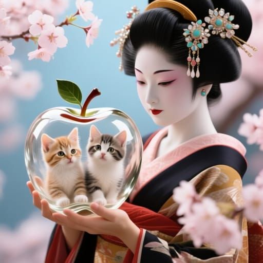 Geisha Holds Glass Apple With Kittens Amid Cherry Blossoms